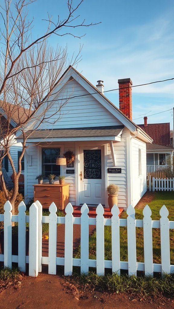 A charming vintage white cottage with a picket fence and decorative plants.