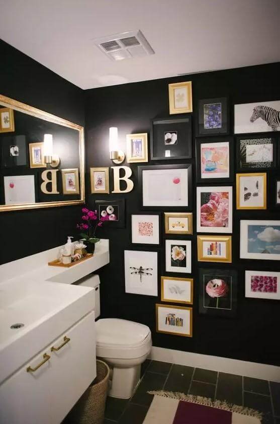 High-Contrast Bathroom Gallery Wall Ideas