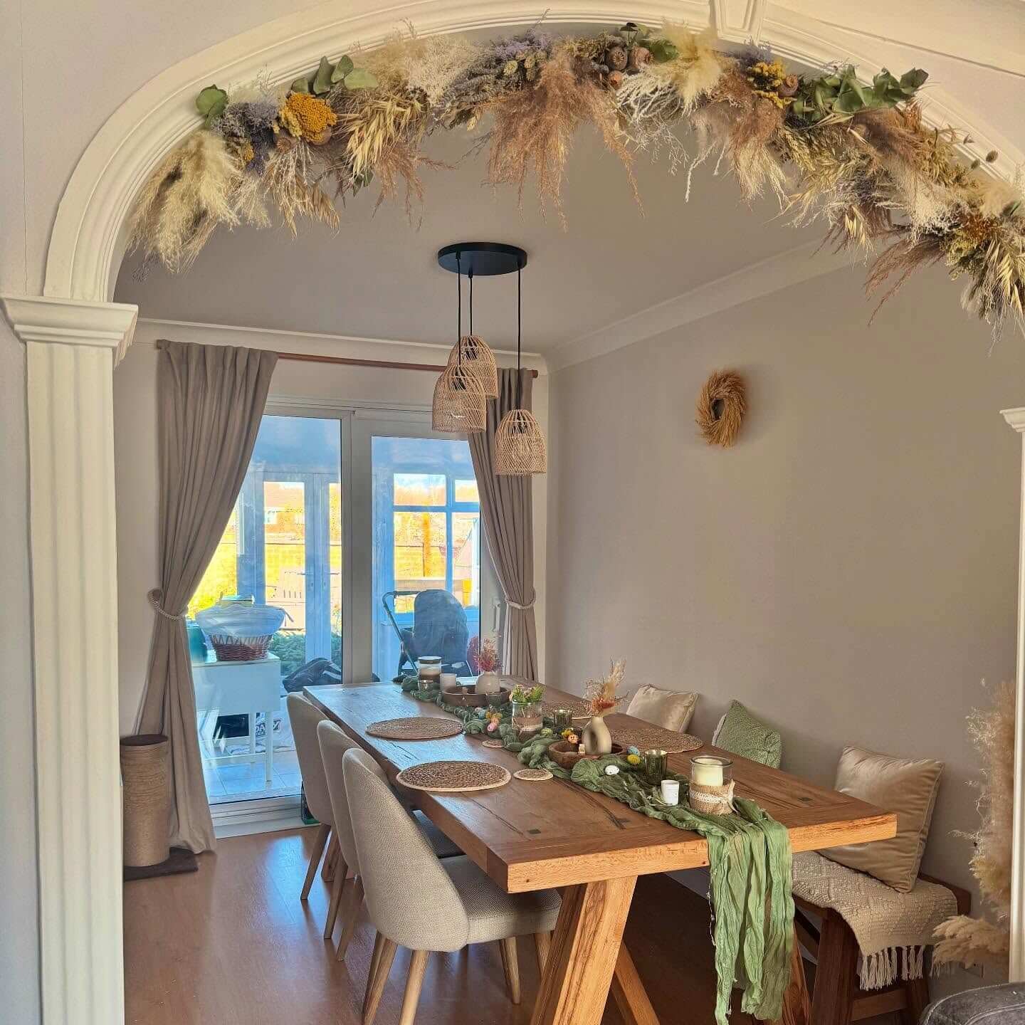 Greenery and Textures Dining Room Table Centerpiece