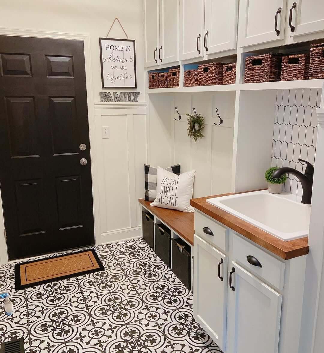 White and Black with Bold Tile Flooring for Mid-Century Modern Mudroom