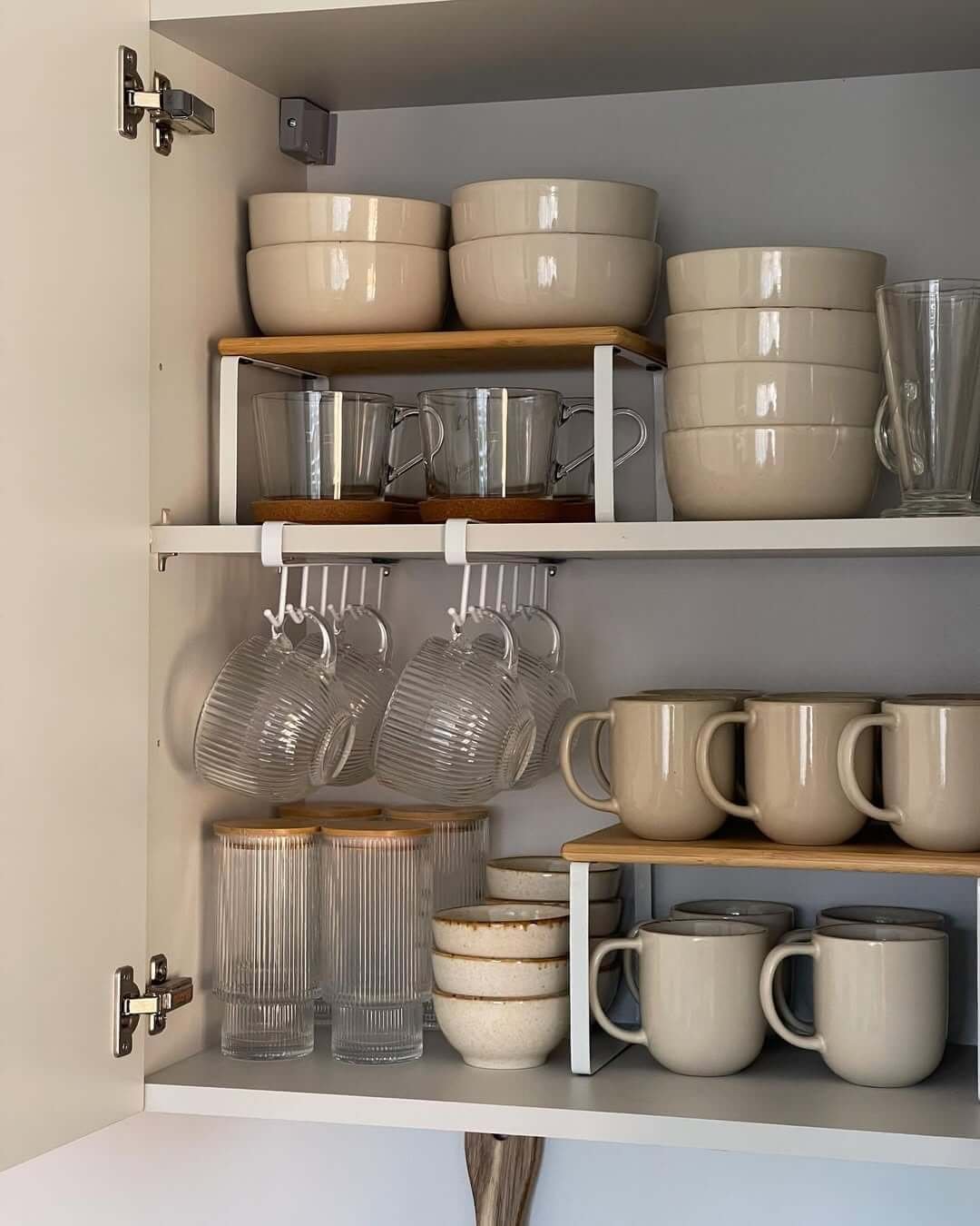 Double Shelf with Hooks Kitchen Cupboard Organization Hacks 