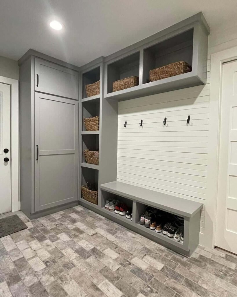11. Functional Farmhouse Style with Basket Storage