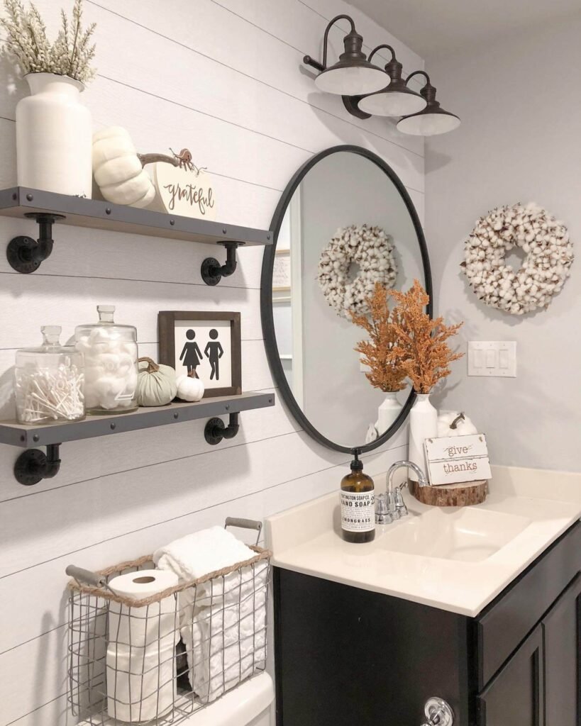 Fall Bathroom Decor Layer Cotton Wreaths and Soft Neutrals for Cozy Farmhouse Charm