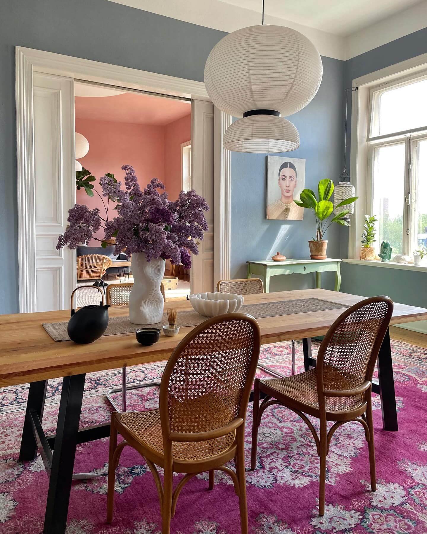 Playful and Moody Dining Space with Moody Living Room