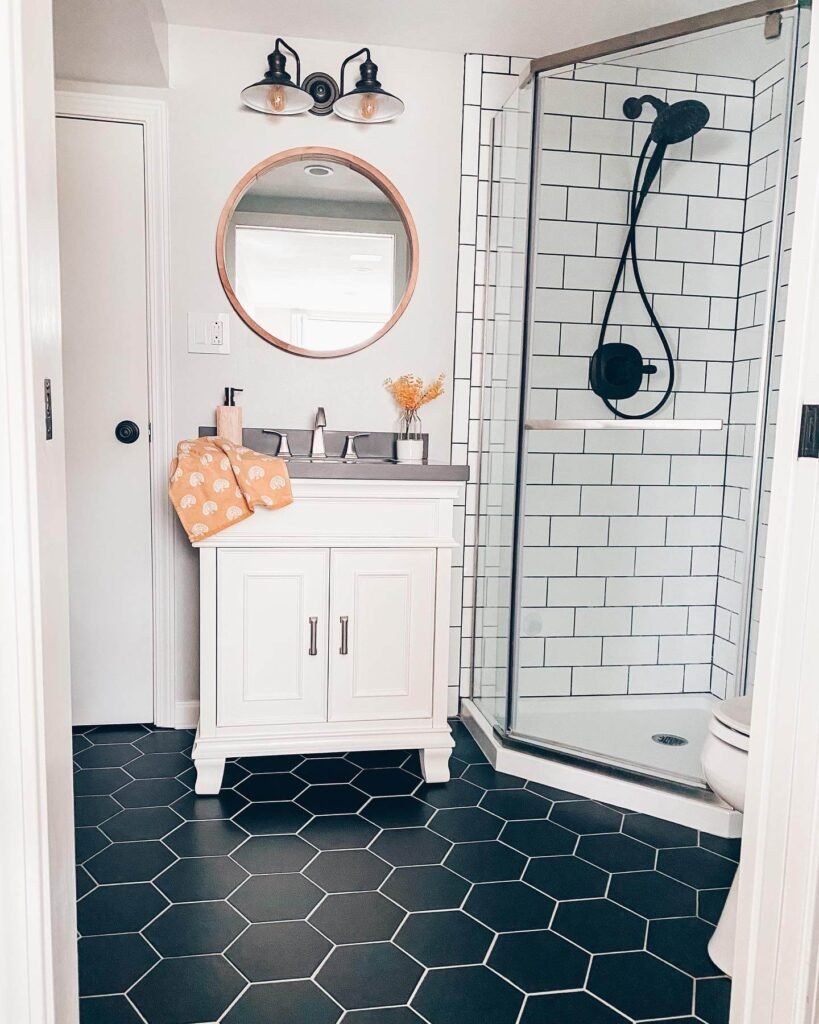 Fall Bathroom Decor Seasonal Colors Pop in a Monochrome Space