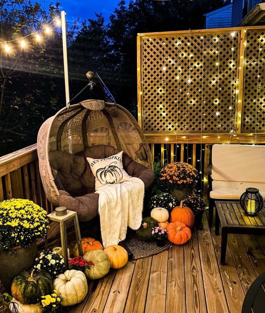 13. Cozy Fall Deck Nook with String Lights and Pumpkins