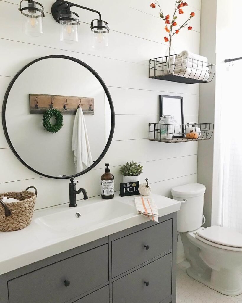 Fall Bathroom Decor Wall-Mounted Wire Baskets and Subtle Fall Touches