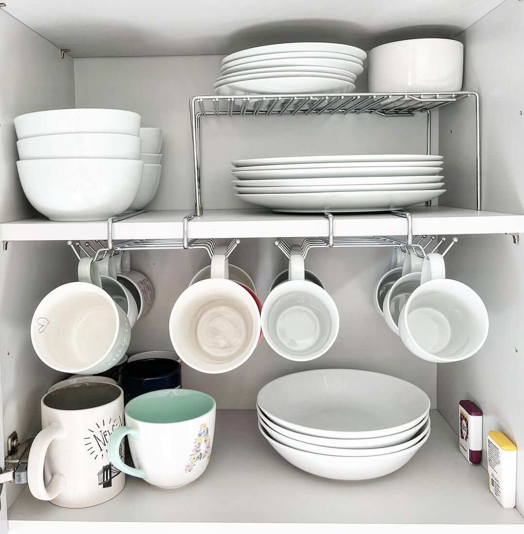 Wire Risers and Mug Hooks for Kitchen Cupboard Organization Hacks