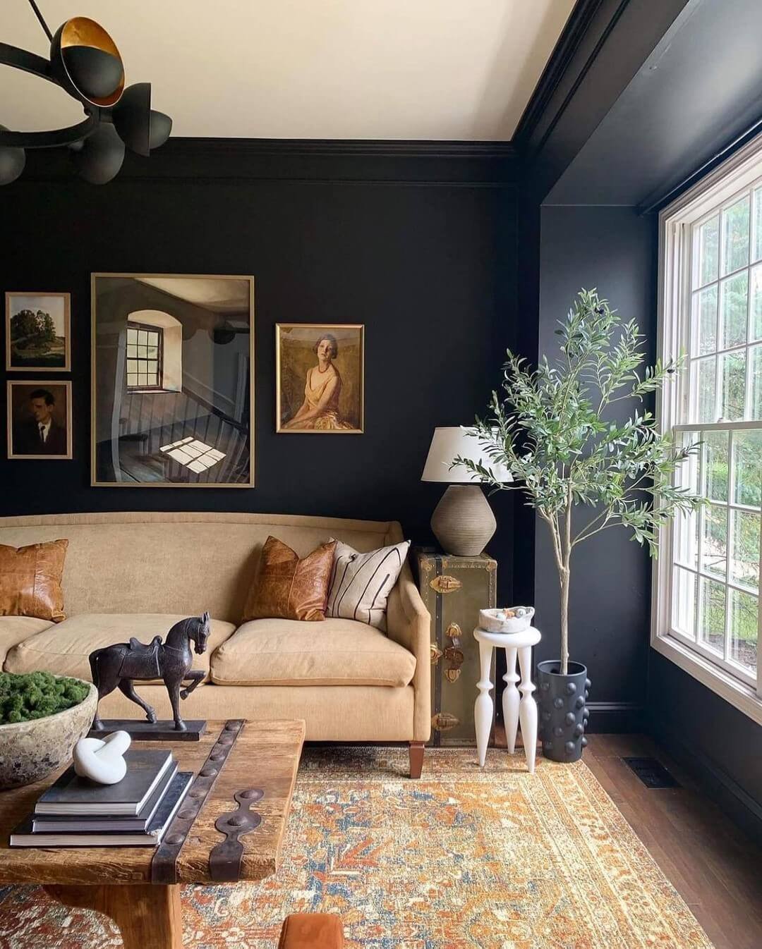 Dramatic Contrast with Dark Walls Moody Living Room