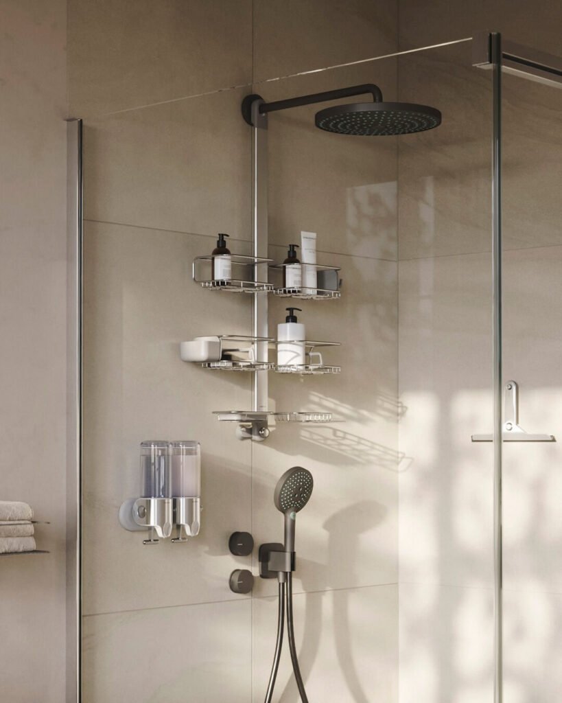 15. Install Tiered Shower Shelves for a Modern Look