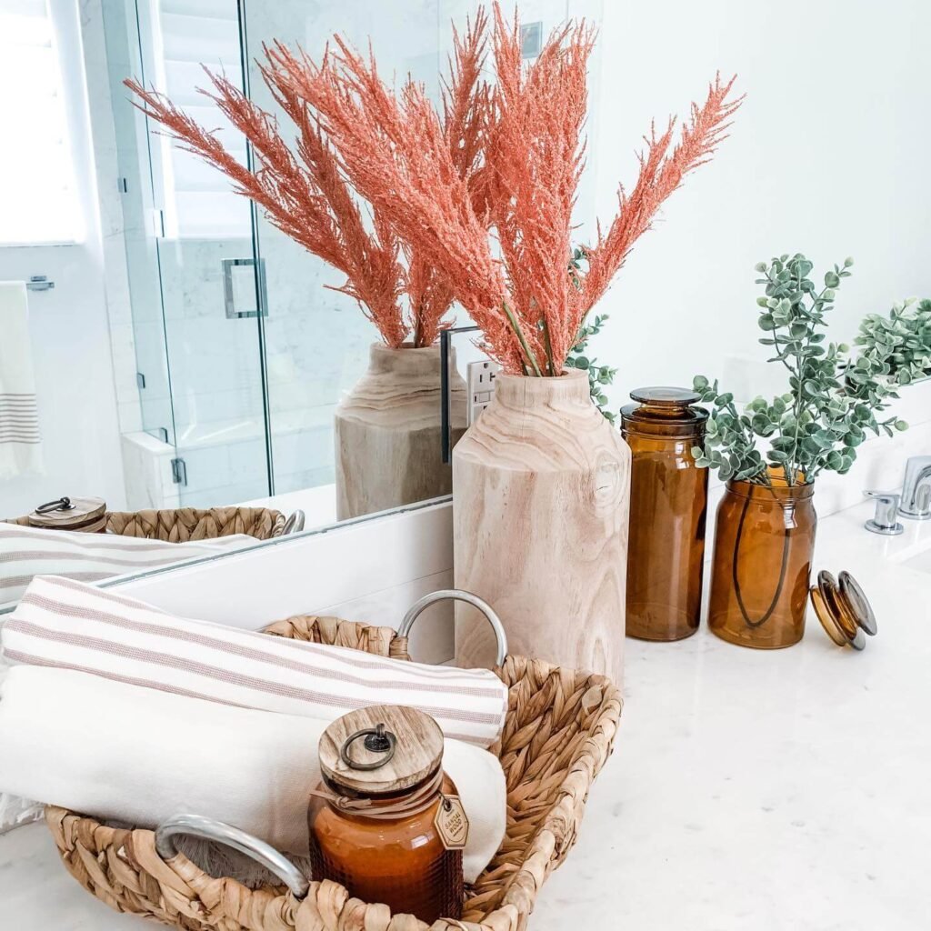 Fall Bathroom Decor Amber Glass and Warm Natural Hues