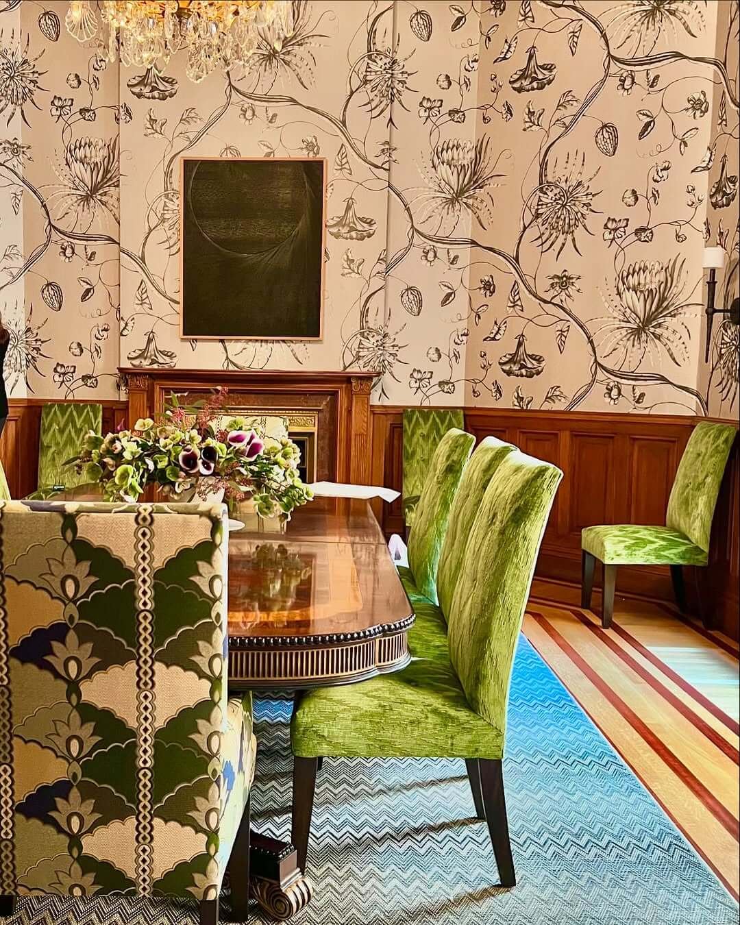 Botanical Wallpaper and Olive Greens for Dining Room Paint Color Ideas