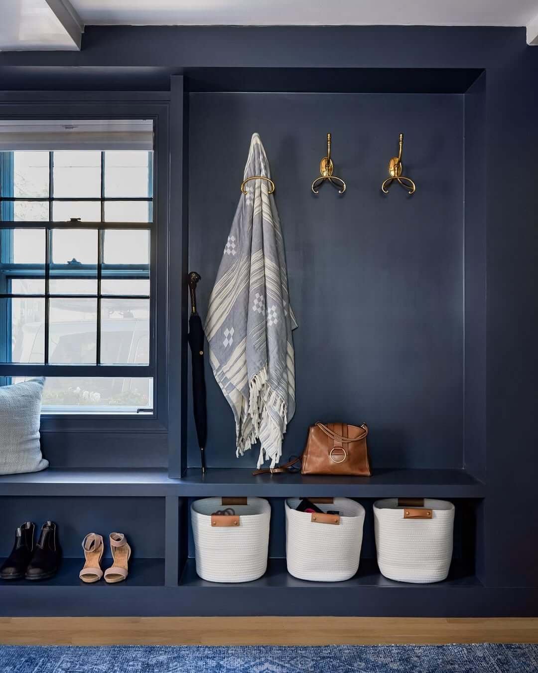 Blue with Brass Hooks in Mid-Century Modern Mudroom