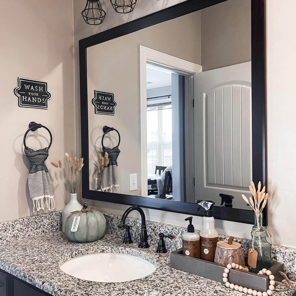 Fall Bathroom Decor Amber Glass and Warm Natural Hues