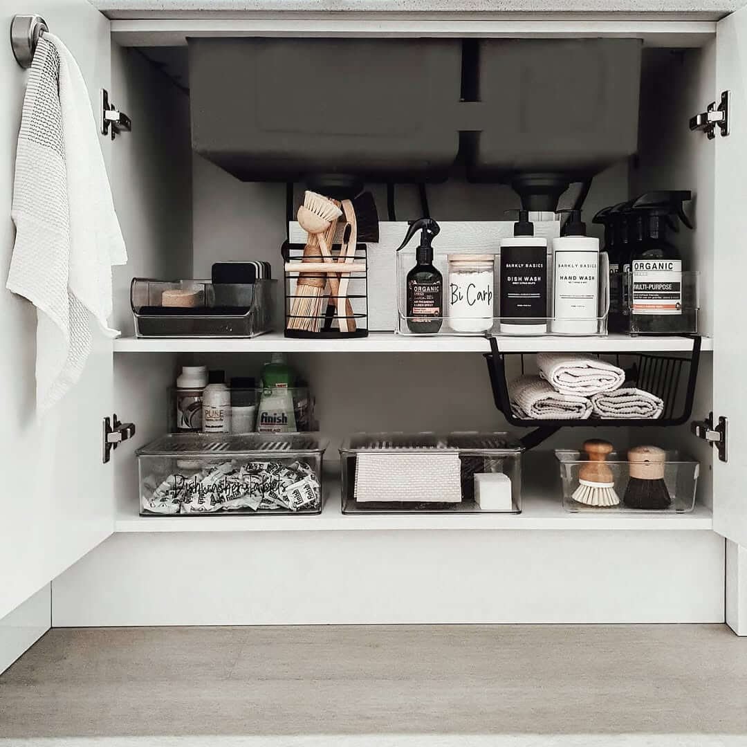 Under-Sink Setup with Transparent Bins Kitchen Cupboard Organization Hacks