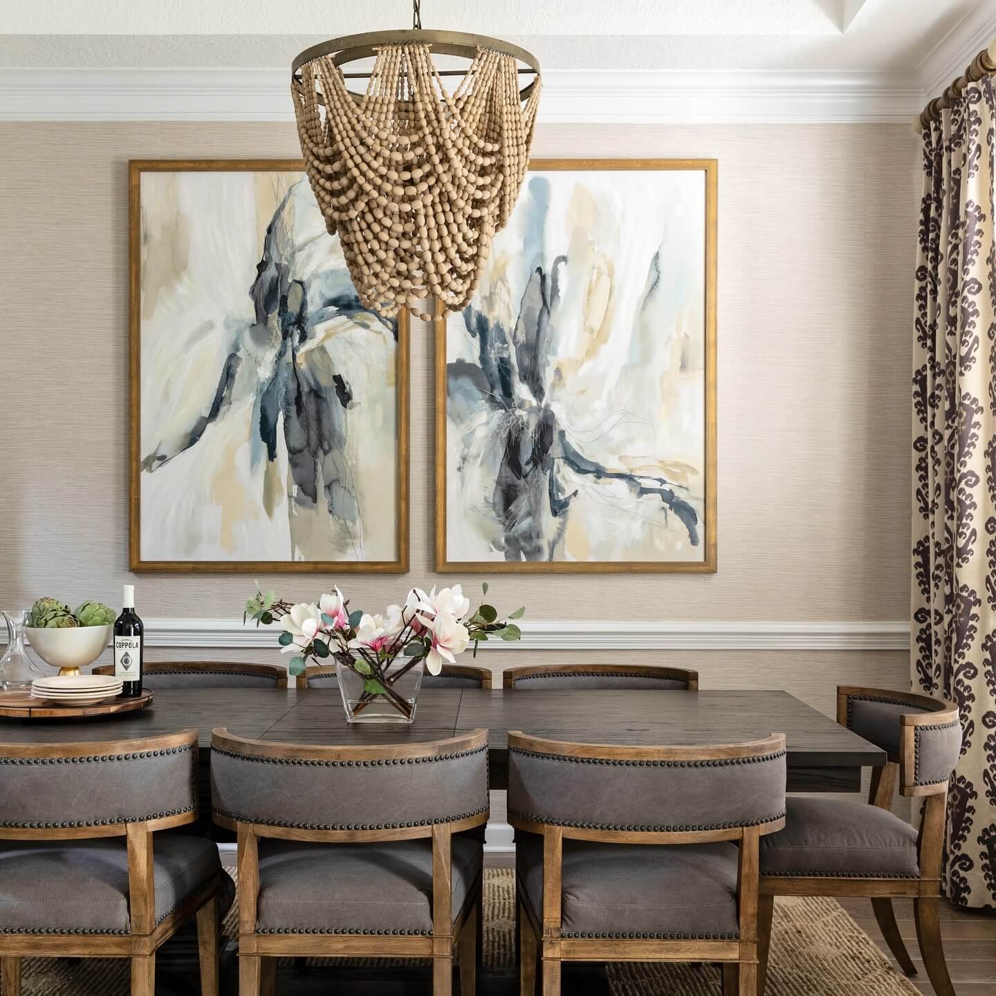 Chic Beaded Chandelier and Velvet Upholstered Dining Room Chair