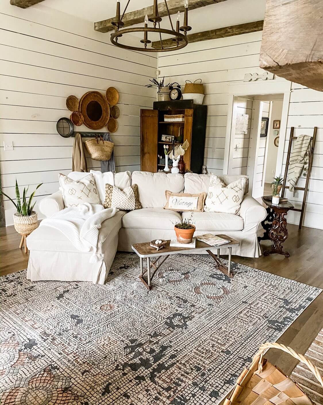 Boho Farmhouse Living Room with Exposed Beams