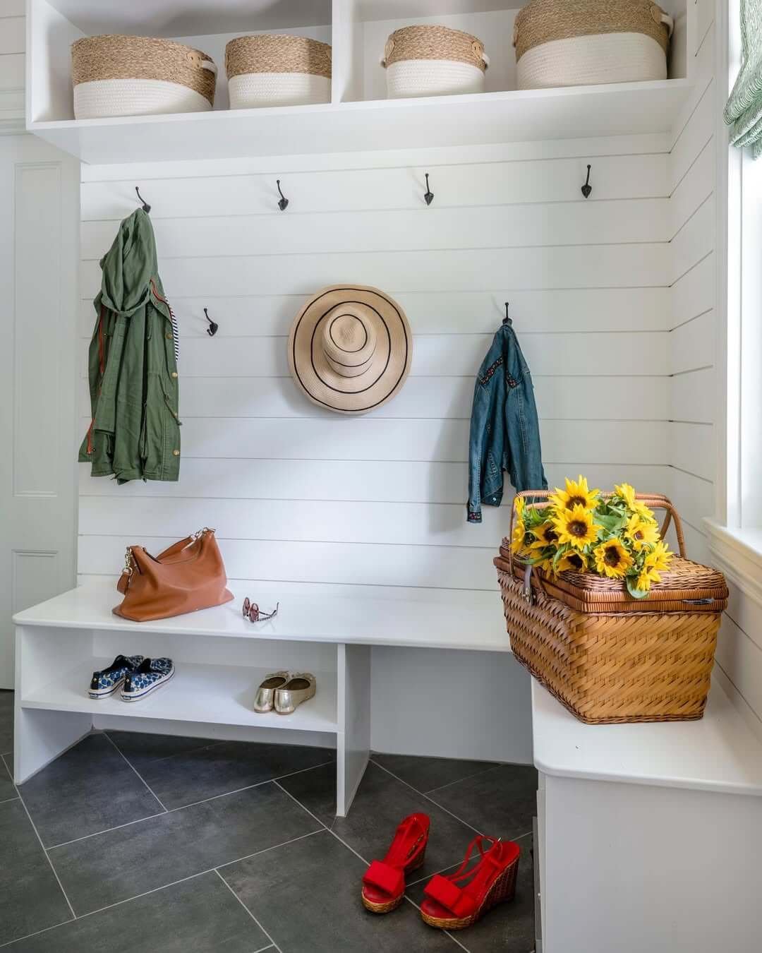 Woven Basket Accents in Mid-Century Modern Mudroom