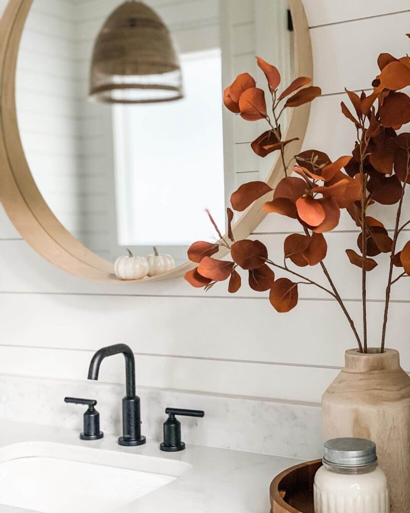 Fall Bathroom Decor Burnt Orange Foliage and Natural Textures