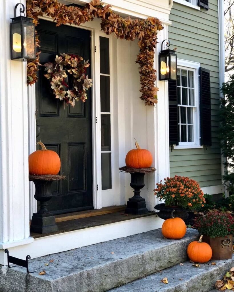 2. Classic Fall Elegance with Pumpkins and Dried Leaf Garland