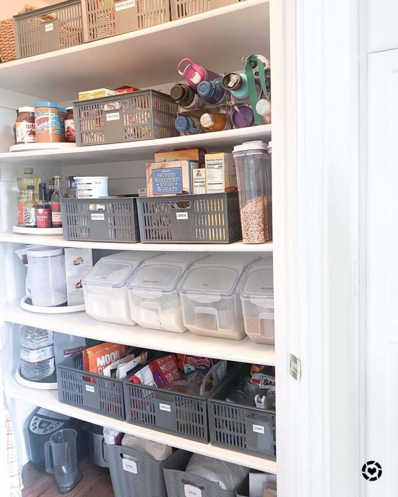 Matching Bins in Deep Pantry Organization Ideas for Small Homes
