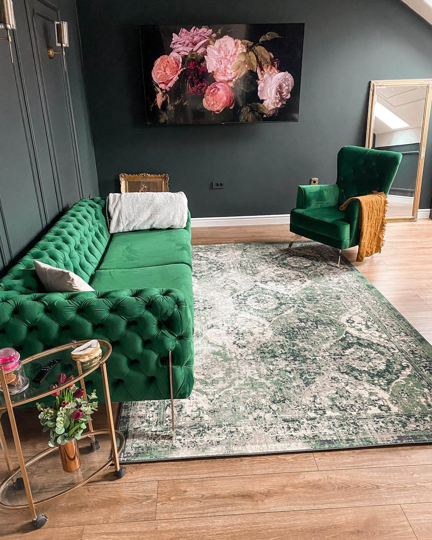 Dramatic Green and Velvet with Moody Living Room