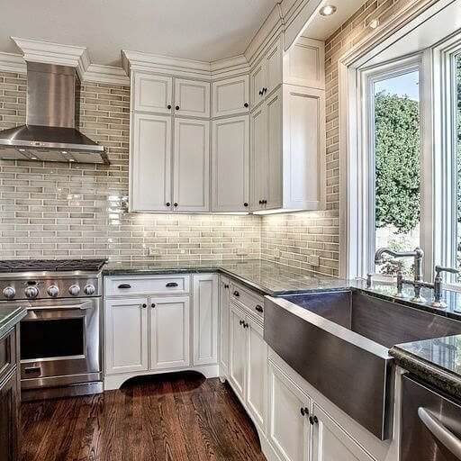Farmhouse Sink and Brick for Traditional Style Kitchen