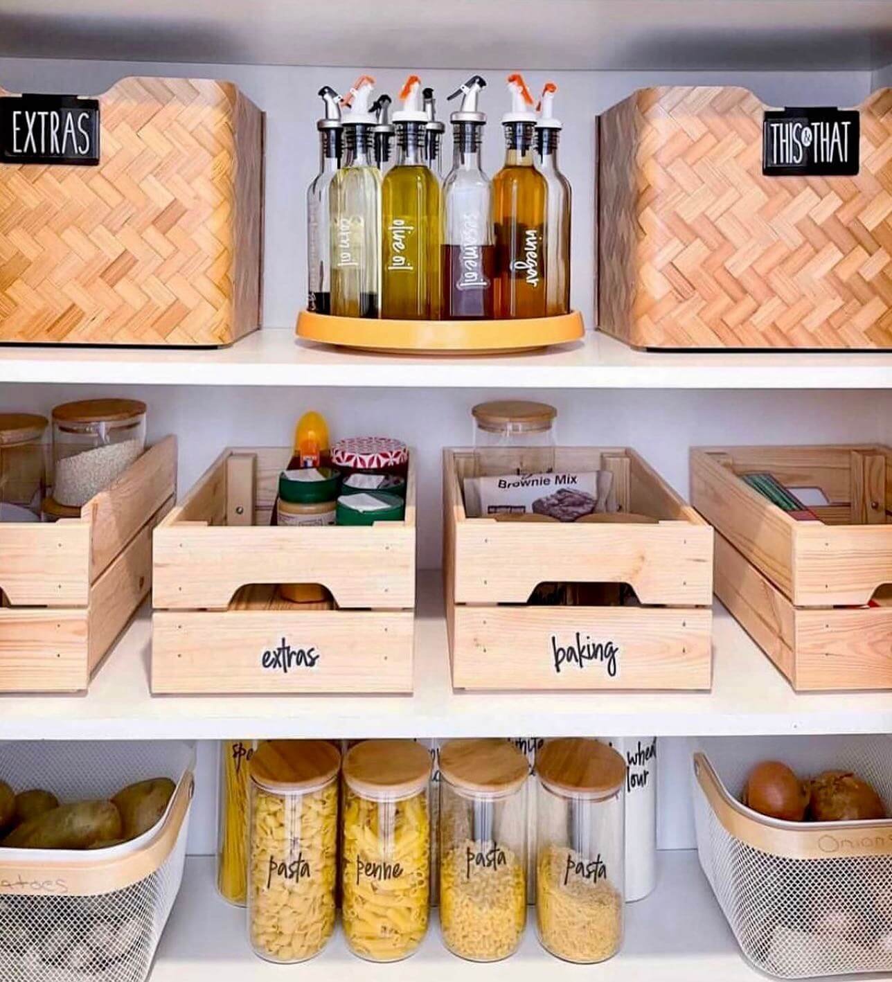 Pantry Organization with Wooden Crates for