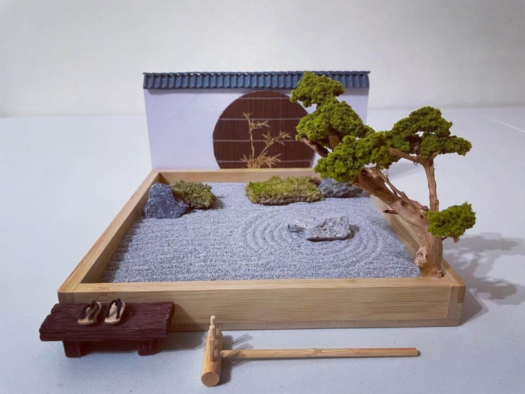 Miniature Zen Gardens with Traditional Layout with Bamboo Wall Art