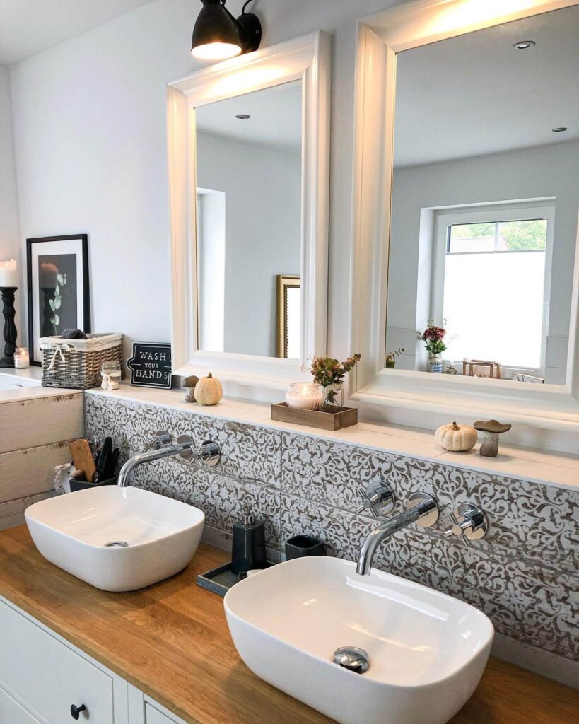 Neutral Pumpkins and Candlelight  Fall Bathroom Decor