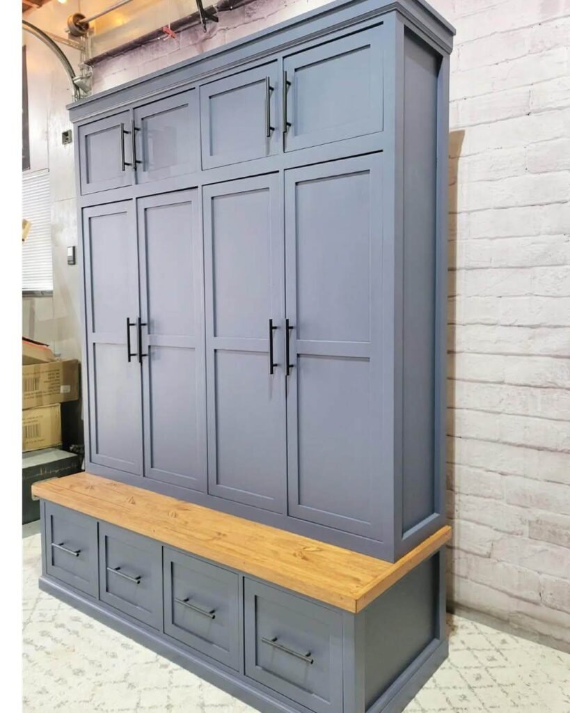 4. Industrial Chic with Dusty Blue and Wood Accents