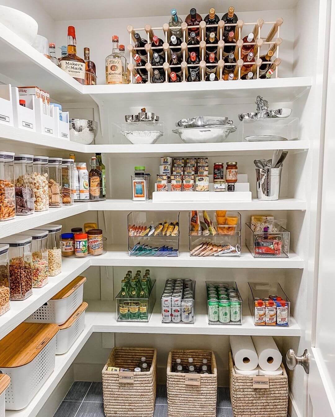 Pantry Organization with Beverage Storage and Open Bins