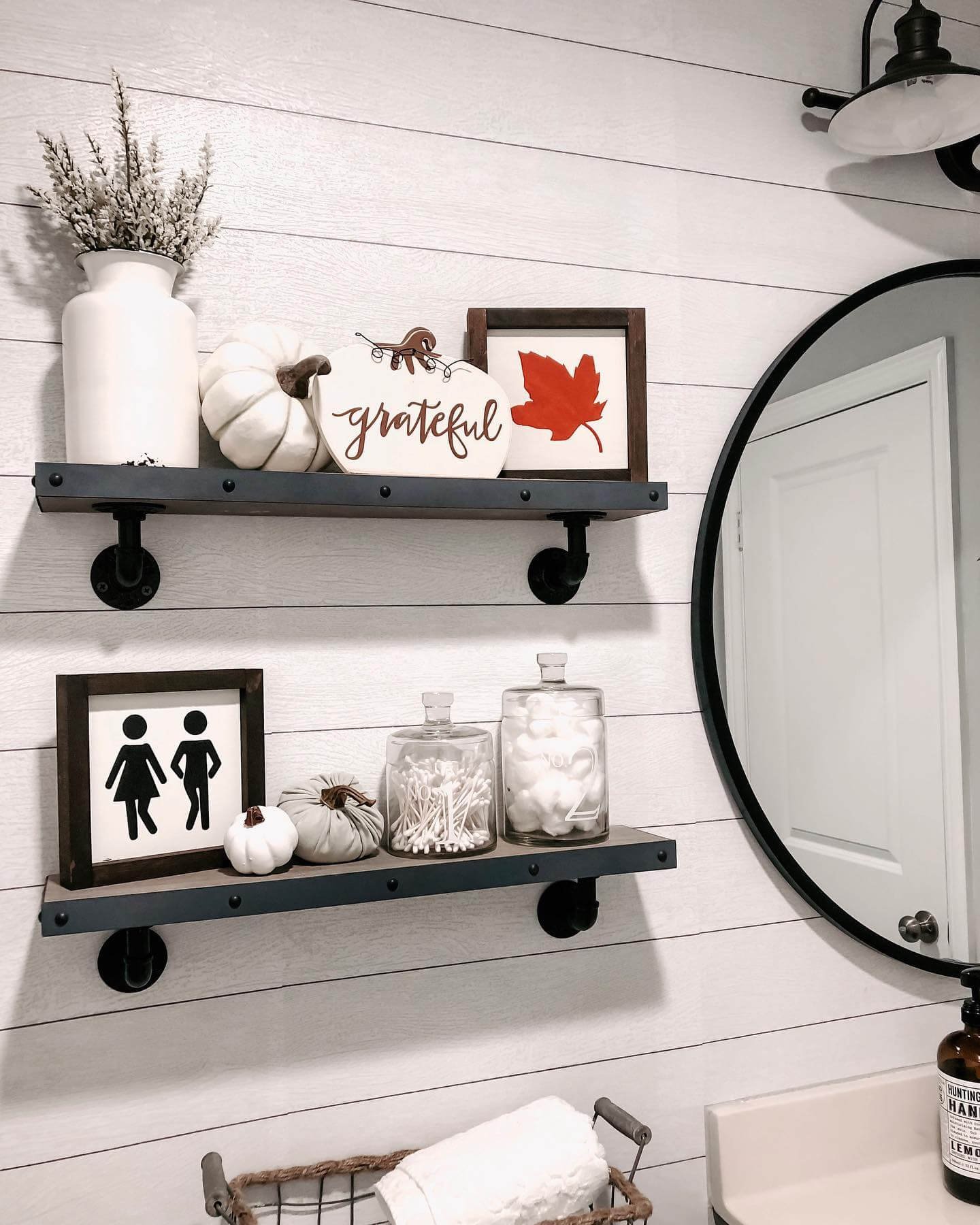 Fall Bathroom Decor Open Shelving to Showcase Autumn Accents