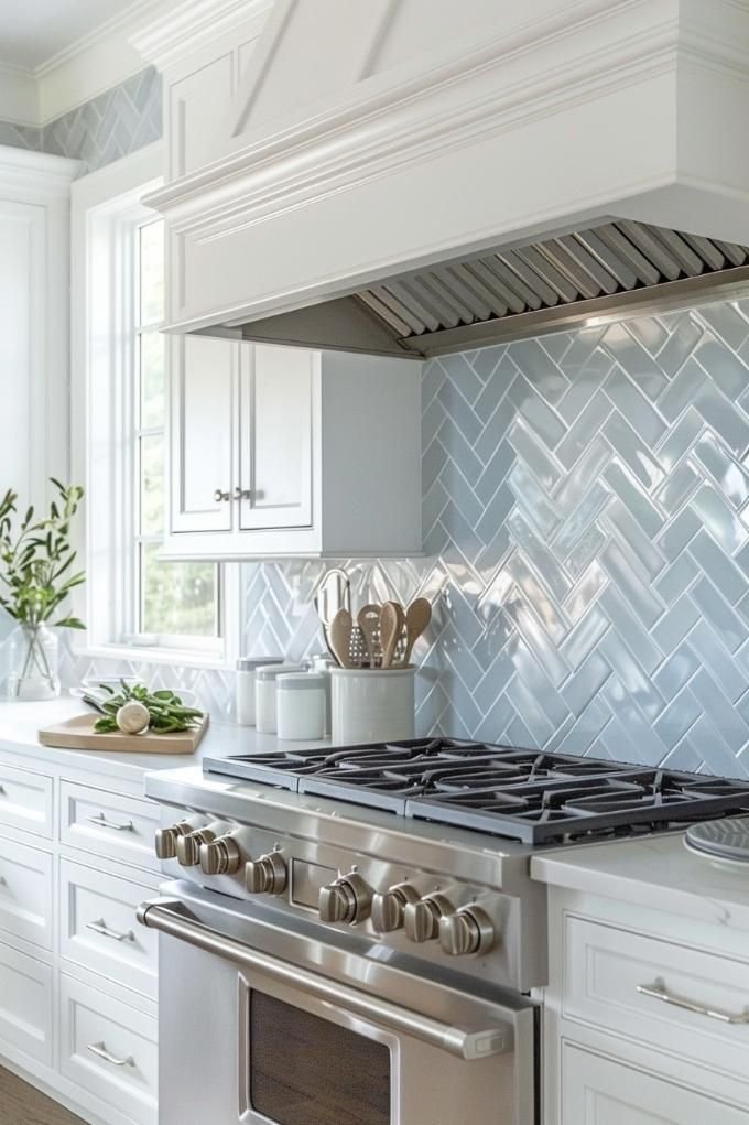 18 Bold Blue Kitchen Backsplash Ideas to Freshen Up Your Cooking Space! - 1. Serene Herringbone Elegance