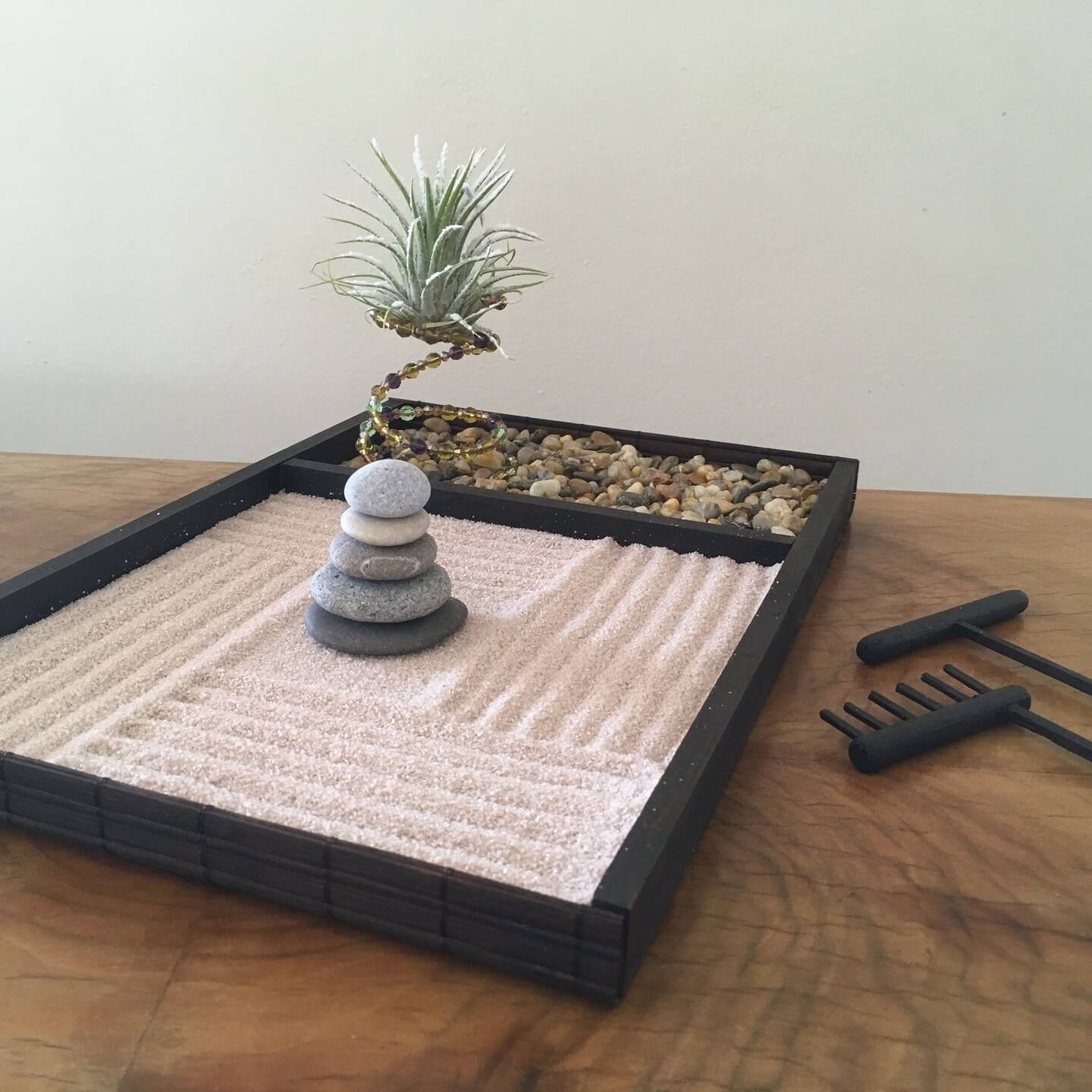 Miniature Zen Gardens with Zen Tray with Stone Balance and Air Plant