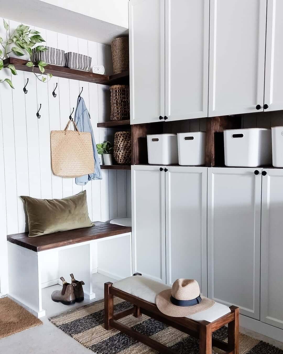 White with Wood and Woven Baskets for Mid Century Modern Mudroom