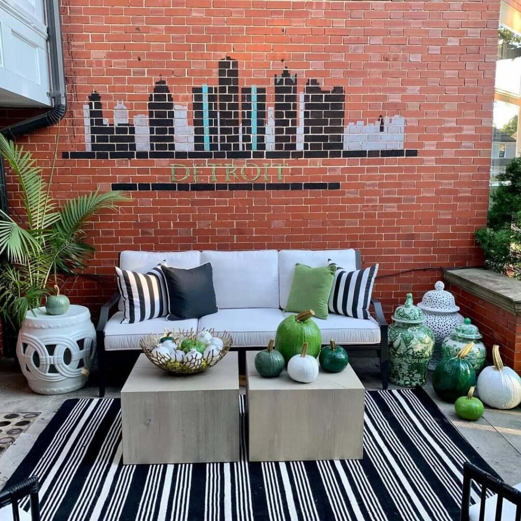 6. Modern Fall Patio with Urban Green Pumpkin Accents