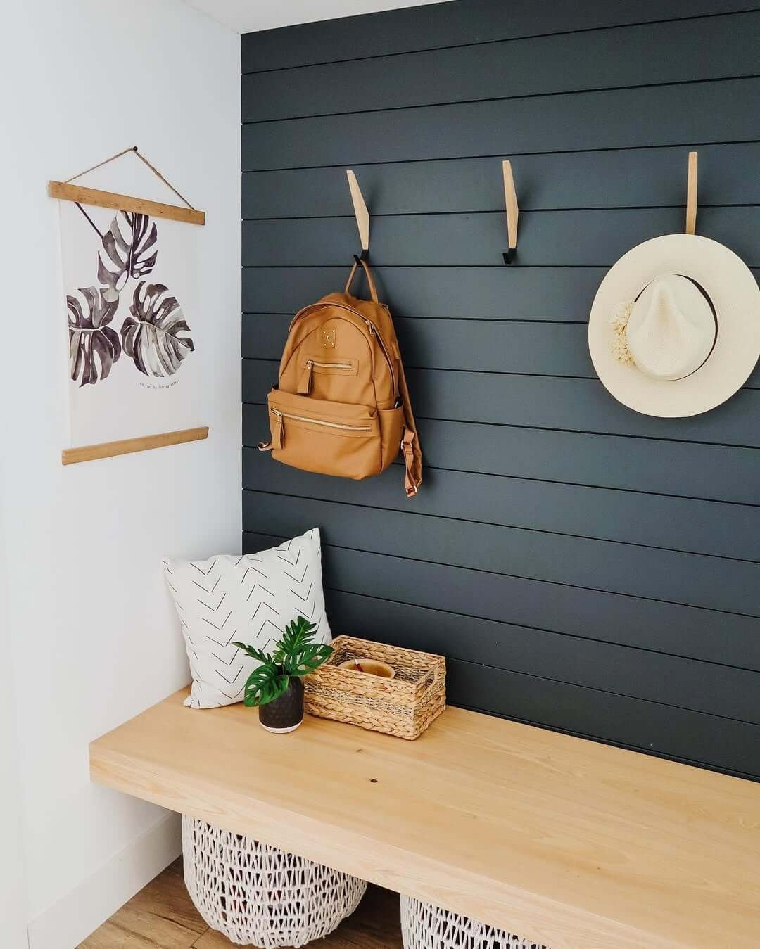 Dark Wall with Light Wood Bench in Mid-Century Modern Mudroom