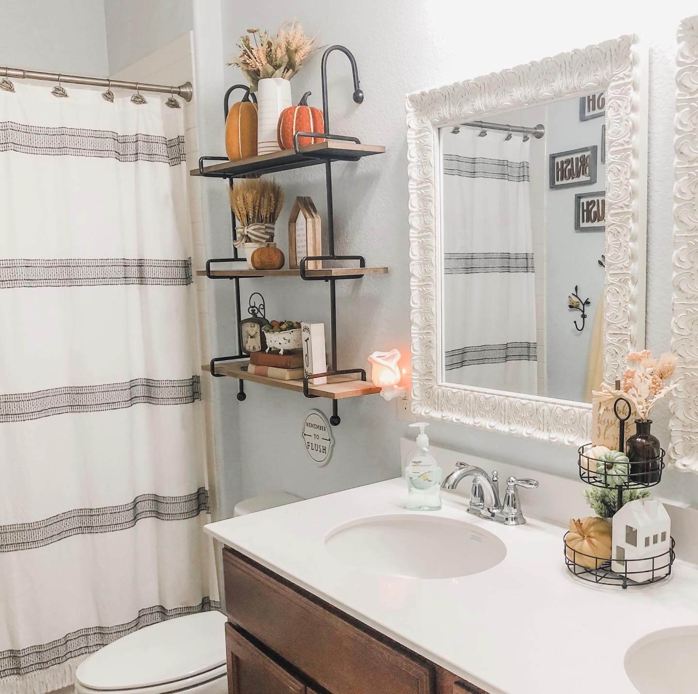Fall Bathroom Decor Tiered Shelves with Harvest Vignettes