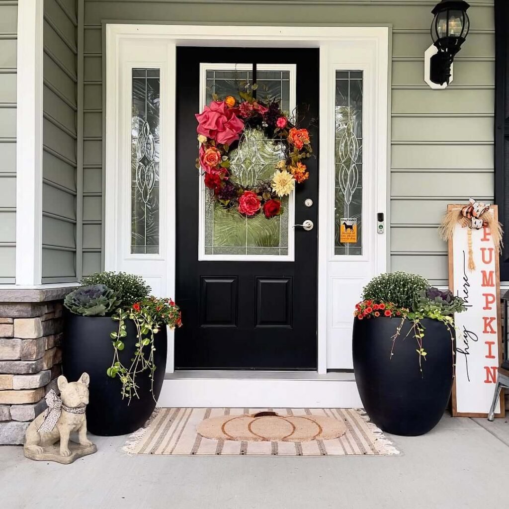8. Chic Front Door with Bold Florals and Modern Contrast