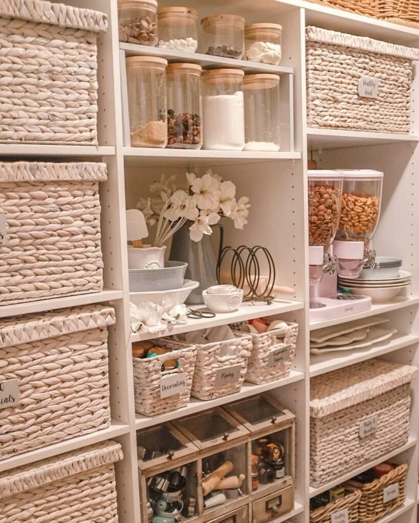 Labelled Baskets and Clear Jars for Kitchen Cabinet Organization Ideas