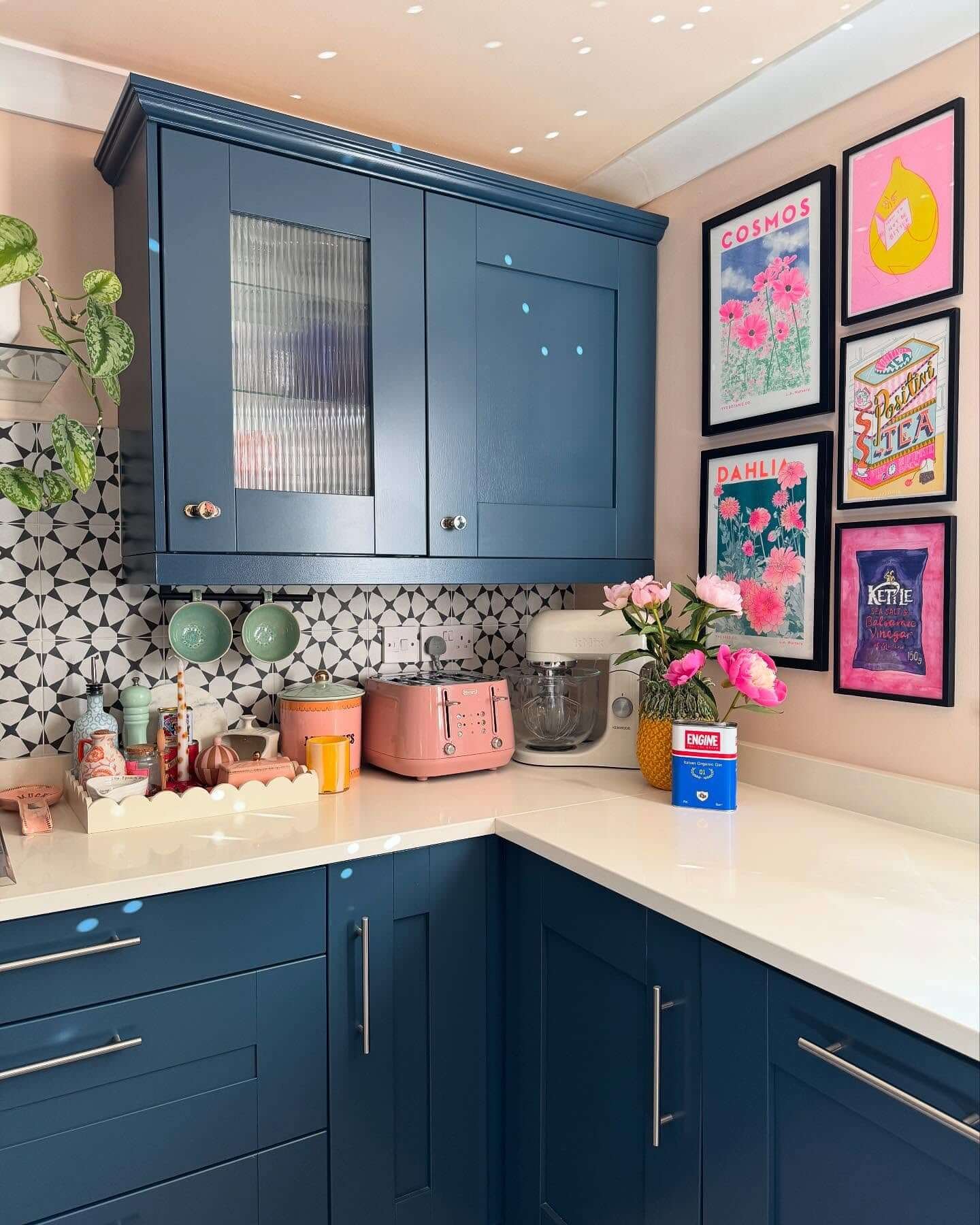 Bold Color and Vintage Flair Kitchen Corner Cabinet