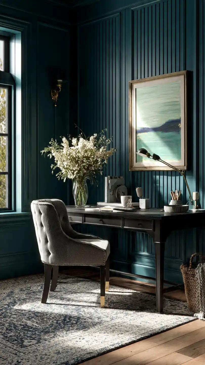 Classic Beadboard with a Bold Hue Home Office Accent Wall