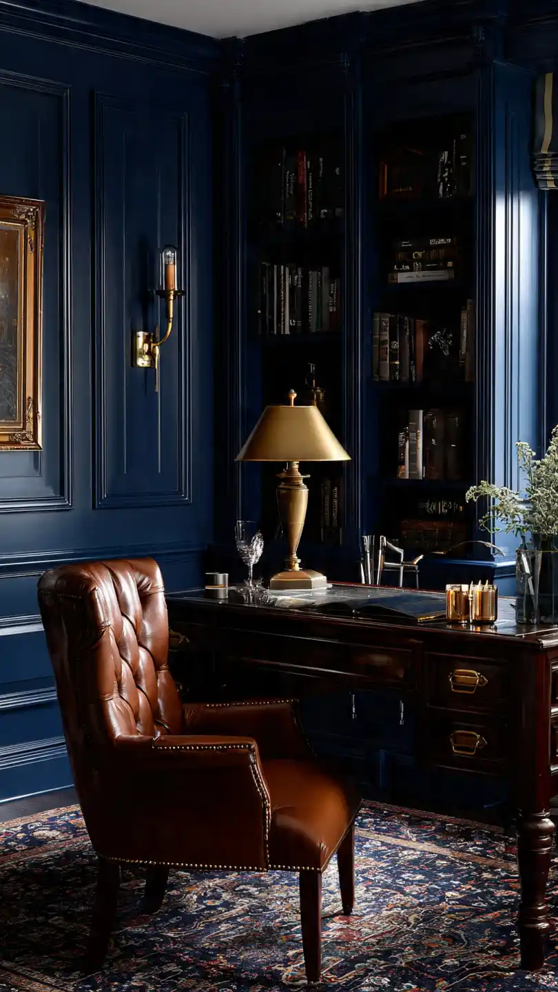 Deep Navy Panels for a Classic, Moody Look Home Office Accent Wall