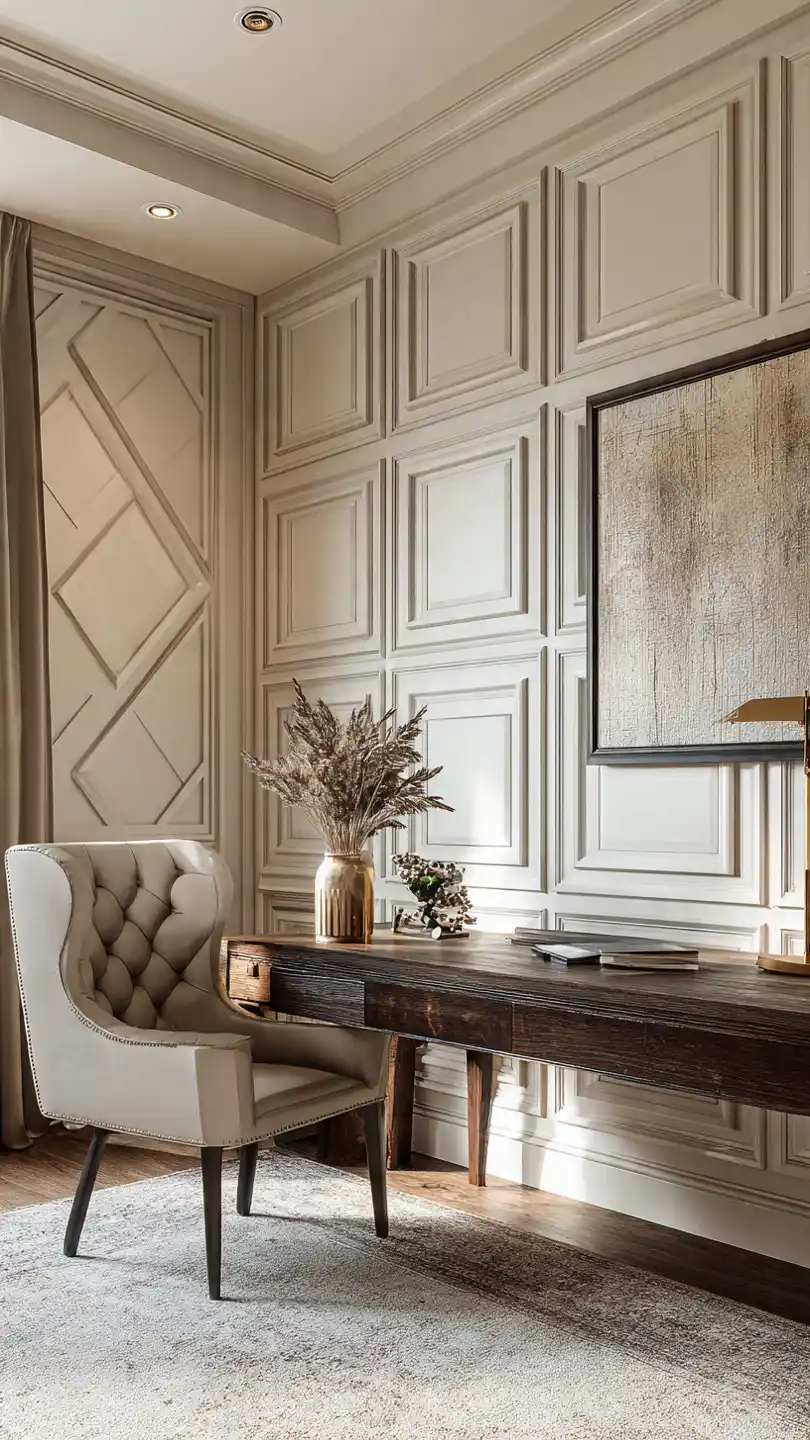 Geometric Molding for Subtle Elegance Home Office Accent Wall