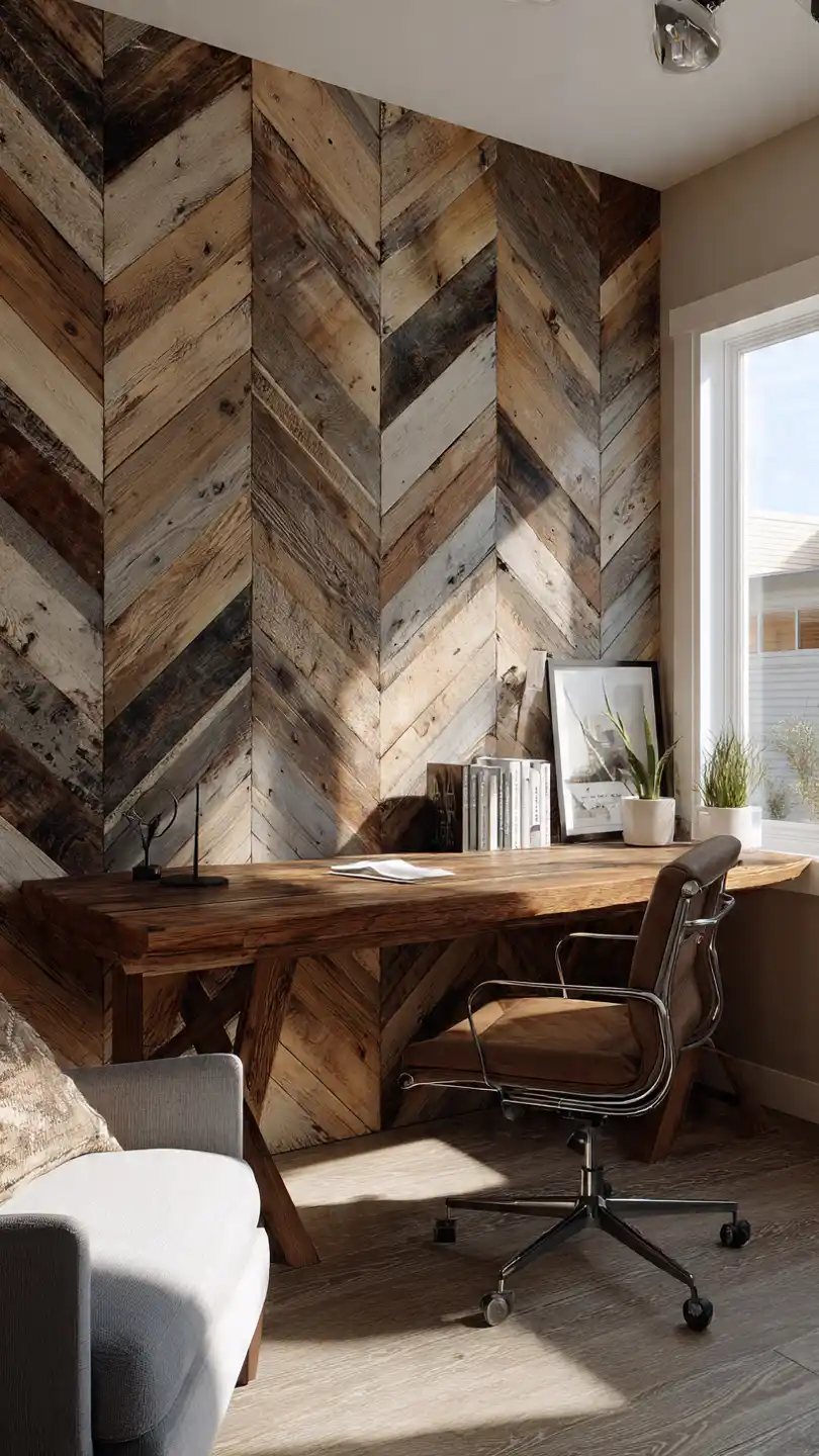 Home Office Accent Wall Chevron Wood Planks for a Rustic Statement
