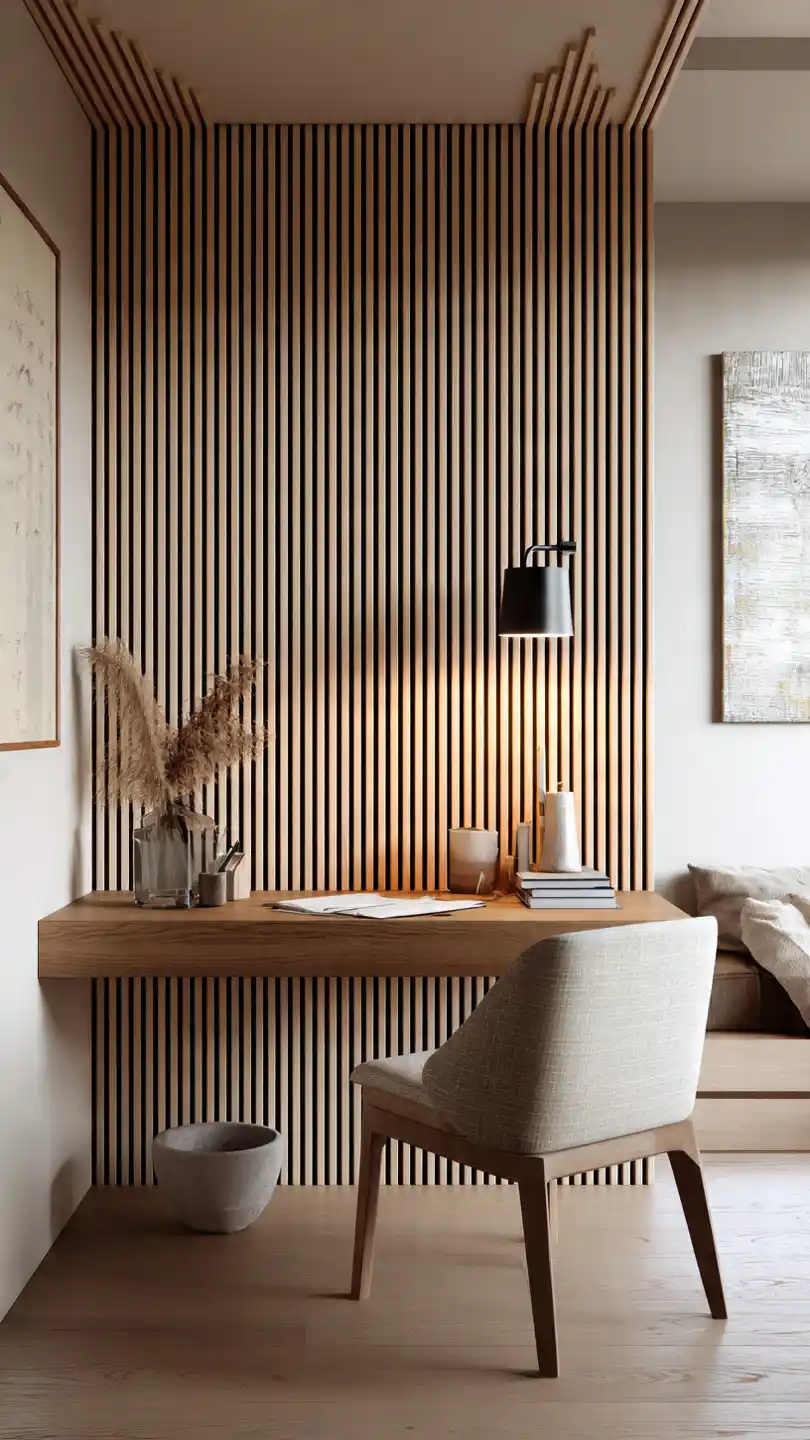 Minimalist Wood Slats for Vertical Emphasis Home Office Accent Wall