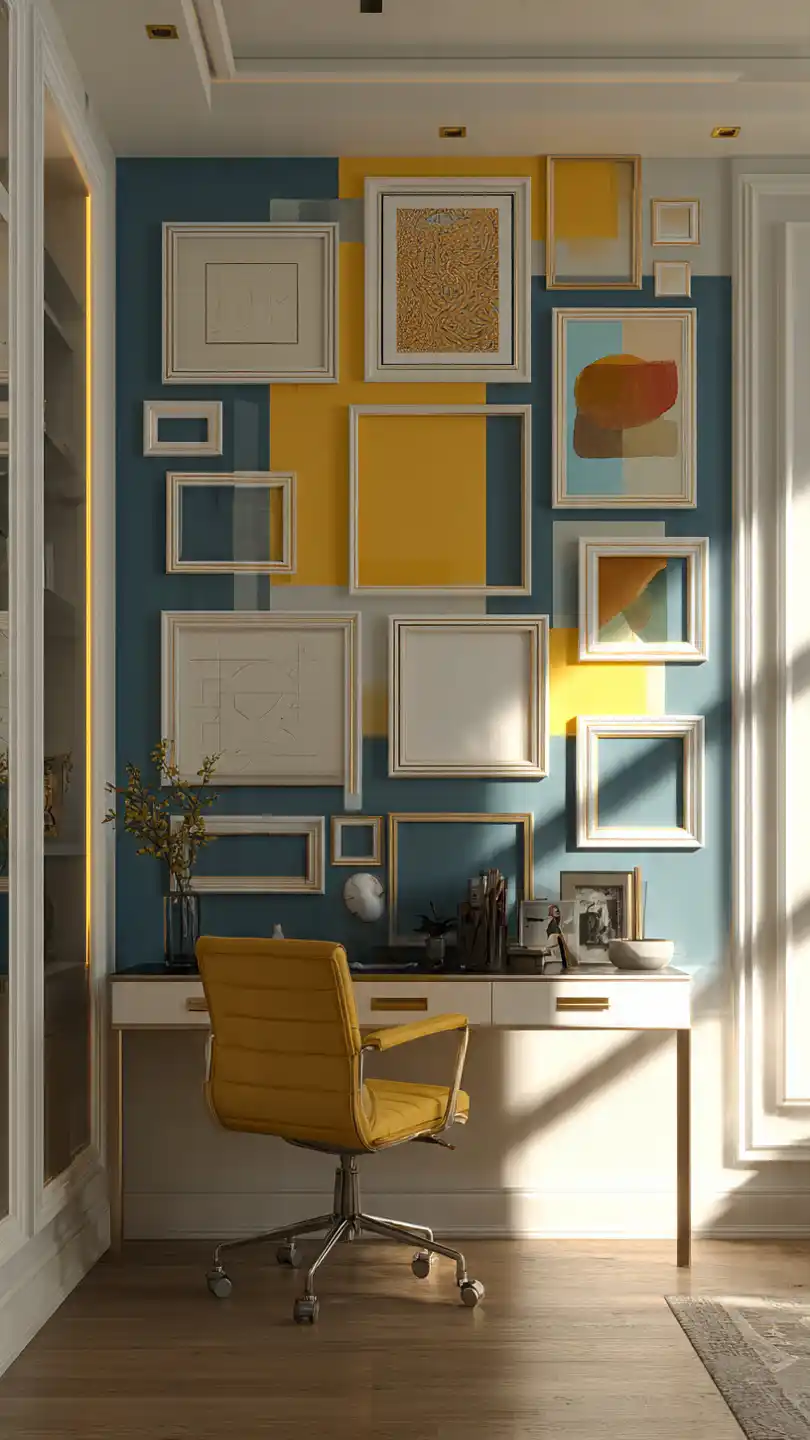Playful Framed Rectangles for a Dynamic Touch Home Office Accent Wall 