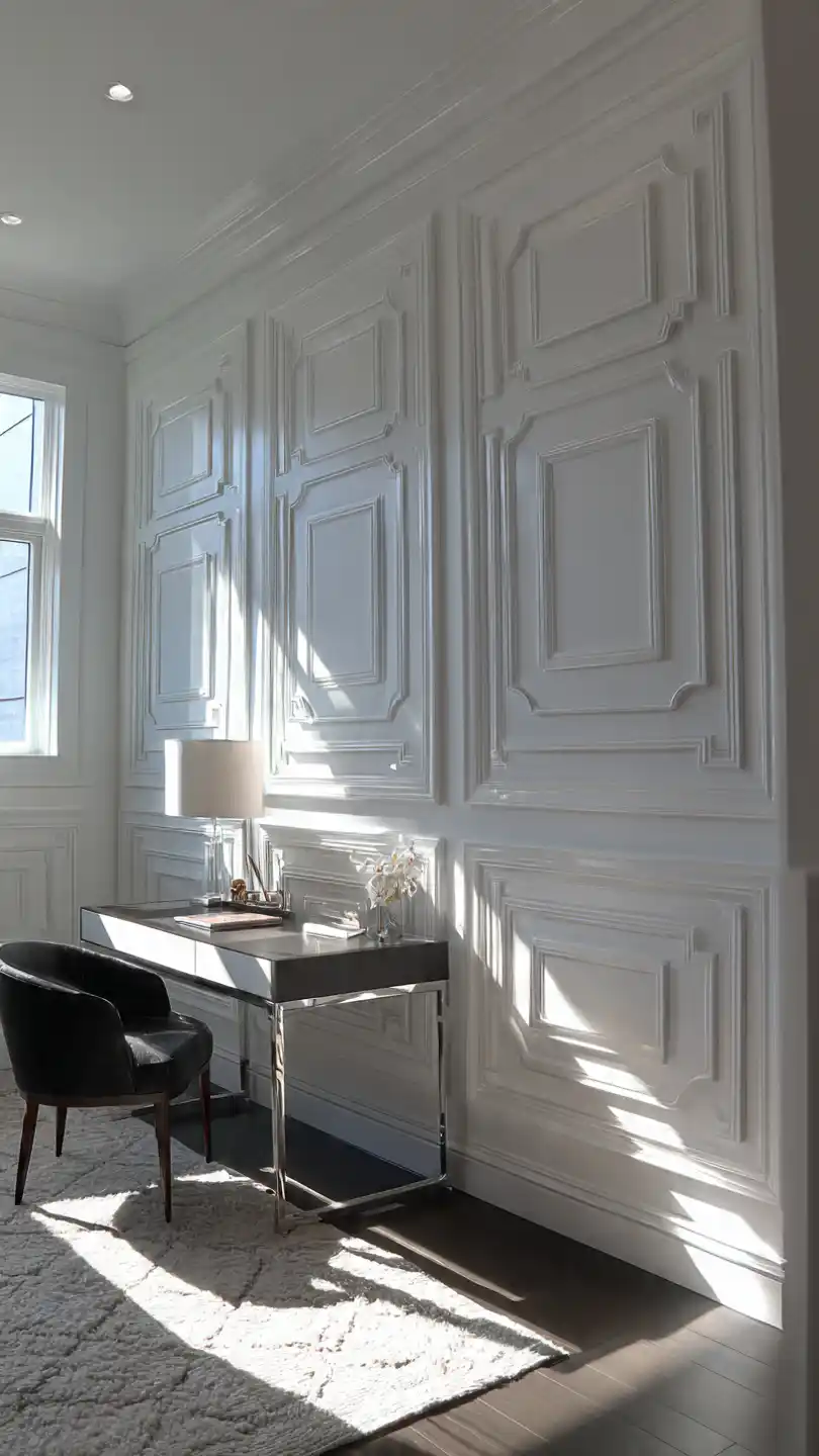 Sculptural Monochrome with Geometric Trim Home Office Accent Wall