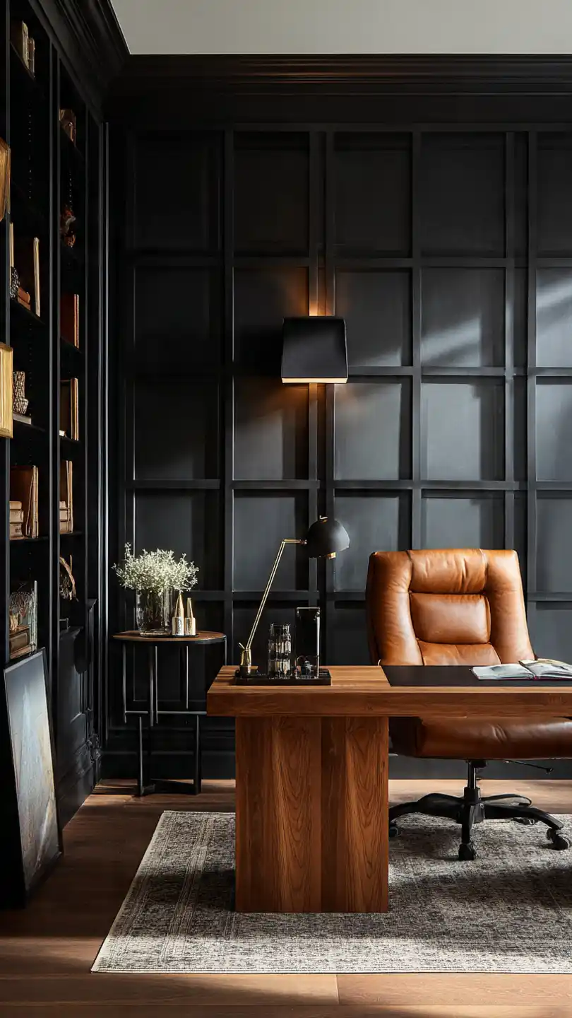 Sophisticated Grid Paneling in Matte Black Home Office Accent Wall 
